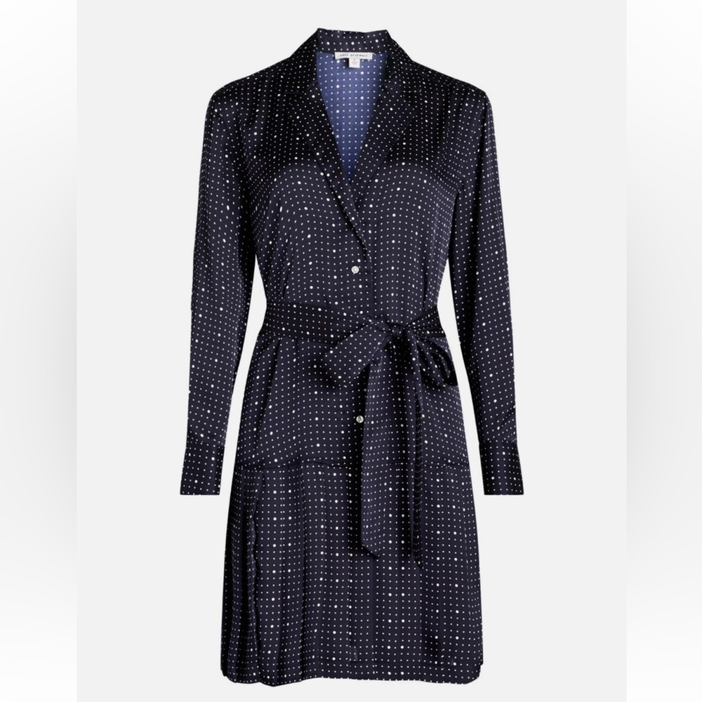 Polka Dot Tie-Waist Shirt Dress - Navy